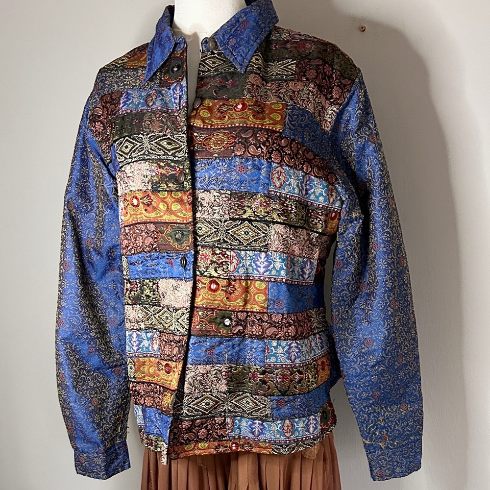 VINTAGE Y2K Boho Brocade Patchwork Silk Tapestry Jacket Whimsigoth Art Wear Sz L - Picture 5 of 15